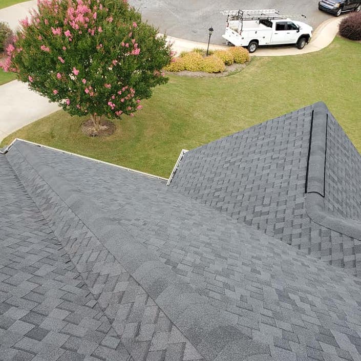 roofing company Charleston sc Exterior shot of a roof from above showing the shingle work showing an example of our work